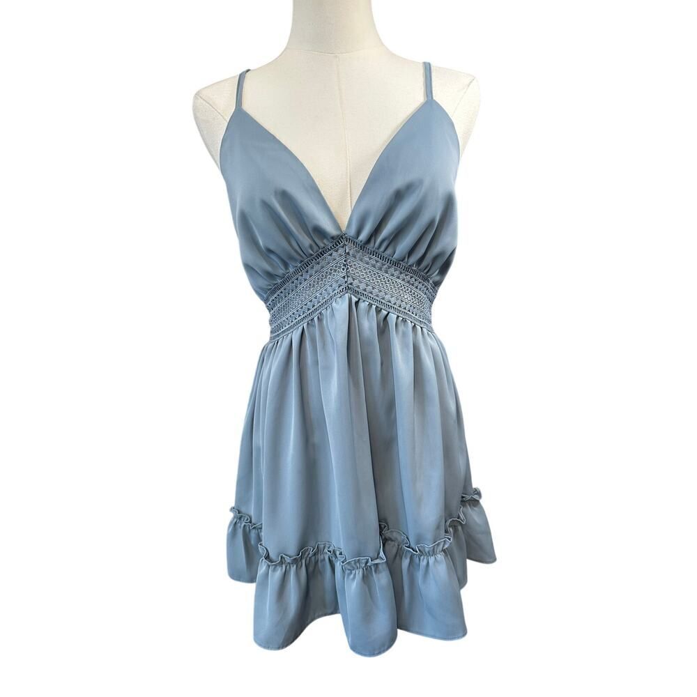 Cider Women’s XS Hollow Out Blue Strappy Ruffle Babydoll Mini Summer Dress